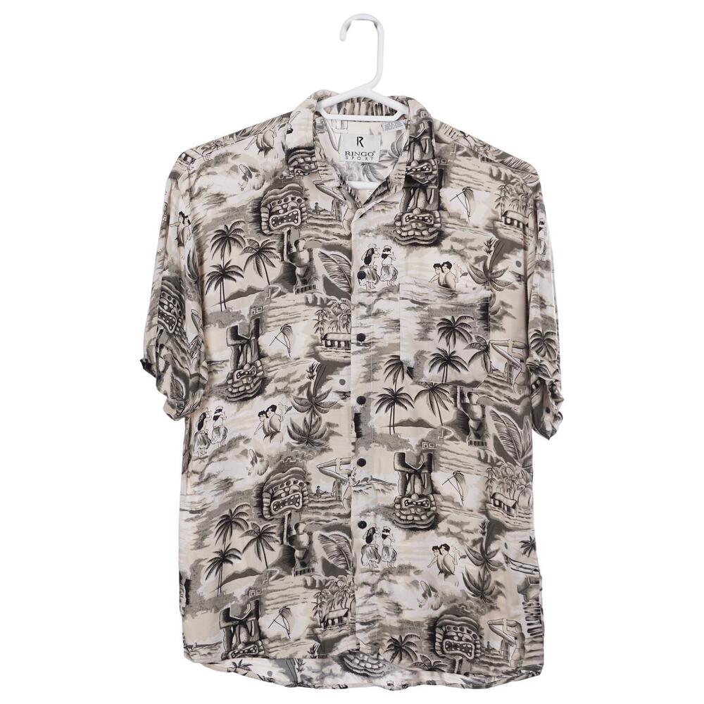 Ringo Sport Hawaiian Camp Shirt M Hula Girl Tiki Palm Tree Short Sleeve Vintage